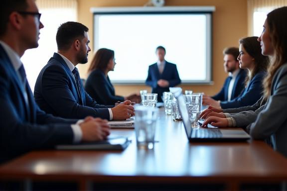 A corporate meeting in progress in a well-lit room at Hearthwood Inn.